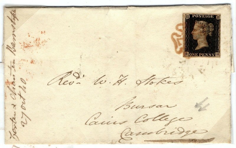 GB PENNY BLACK Cover Devon Barnstaple MX Cambridge CAIUS COLLEGE 1840 PE162