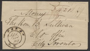 1837 Stampless Moneyletter Cover Cavan UC Double Circle Paid 1/9 to Toronto