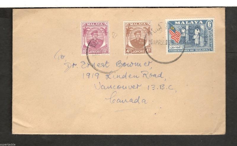 1959 cover Kota Tinggi Johore - Vancouver BC Johore ##133 & #138 Malaya #80