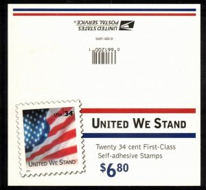 US 2001 United We Stand Flag Complete Booklet; Scott 3549a; MNH