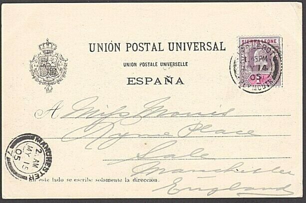 SIERRA LEONE 1905 postcard EVII 1d cancelled PAQUEBOT / PLYMOUTH cds........7645