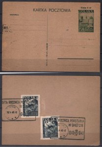 POLAND STAMPS, 1948, WARSAW GHETTO UPRISING Sc.#418, POSTCARD SPECIAL CANCEL