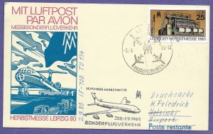 INTERFLUG - DDR,  LEIPZIG / HELSINKI 1980  AIRMAIL EVENT POSTAL CARD.