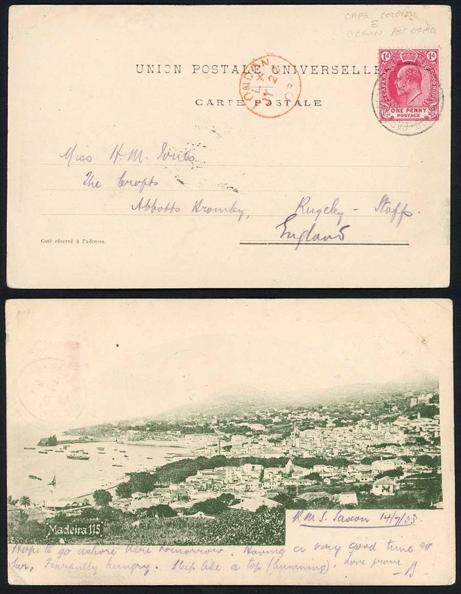 Cape of Good Hope 1903 Ocean Post Office E postmark on postcard of