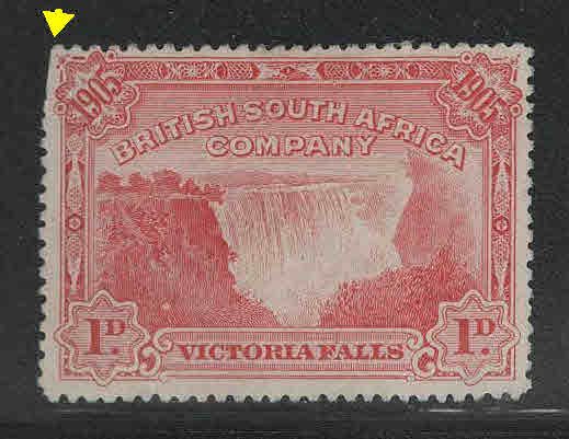 Rhodesia Scott 76 Victoria Falls stamp no gum, clipped pefrs at upper left