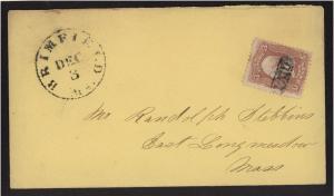 U.S. cover: 1860s #65 Brimfield, Mass. CDS w/ PAID on s...