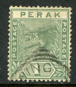 Malaya 1892 Perak 1¢ Green Tiger Scott 42 VFU K58 ✔️