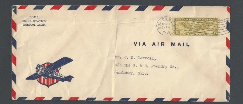 1933 C17 On Cacheted Cover Wing Airplane W/Shield