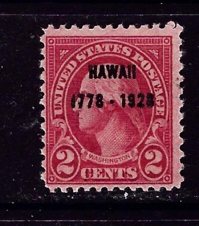 U S 647 Hinged 1928 Hawaii Overprint short corner perf