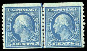 496 Horiz Joint Line Coil Pair 5¢ Washington Head P10 Mint Never Hinged 1919