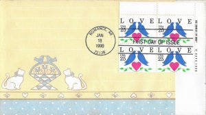 1990 FDC, #2440, 25c LOVE, Spiro, block of 4