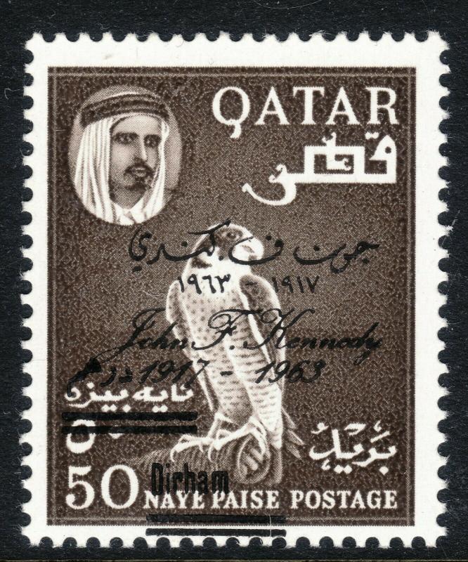 1966 Qatar revalued 50d on 50np JFK overprint Falcon issue perf 14½ MNH Sc# 111