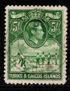 TURKS & CAICOS IS. SG204 1938 5/= YELLOWISH-GREEN FINE USED