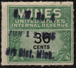 RE135 36¢ Wine Revenue Stamp (1942) Used