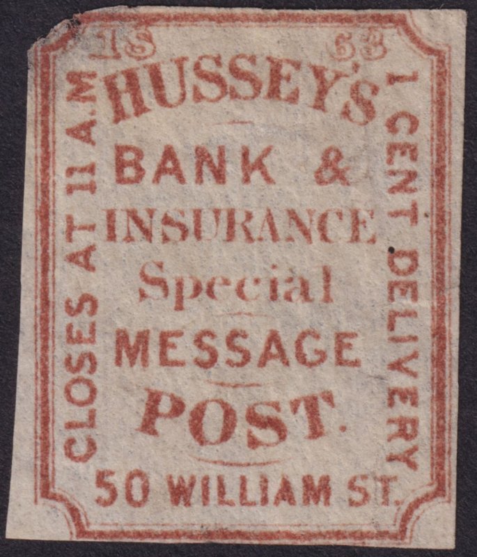 USA Local Stamps 1863 #87L31 f u f - 'Hussey's Bank & Insurance'