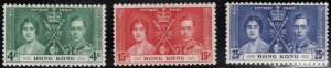 HONG KONG Scott 151-153 1937 Coronation set MH* CV $24