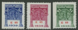 CANADA REVENUE BCT127, BCT128, BCT129 BRITISH COLUMBIA TELEPHONE FRANKS 1939 SET