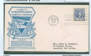 US 882 5c famous americans issue FDC, may 13, 1940 peterborough, nh, addressed w/ cachet honoring edward mcdowell, composer, min