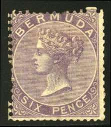 Bermuda #4 Cat$2,300, 1865 6p brown lilac, unused (regummed), faults