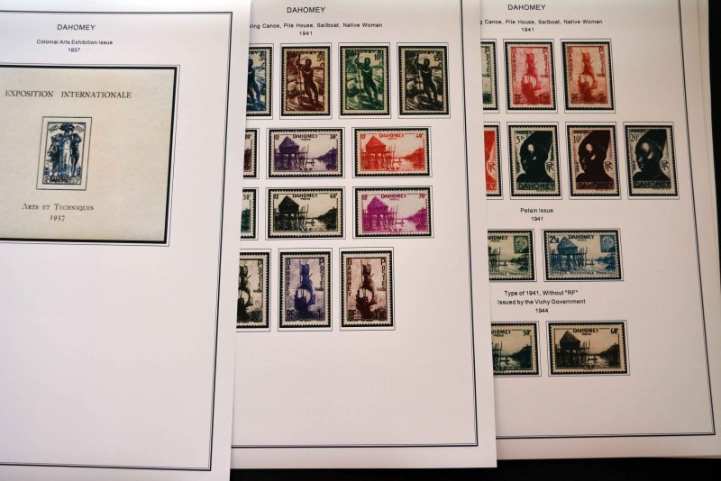 COLOR PRINTED DAHOMEY 1899-1944 STAMP ALBUM PAGES (16 illustrated pages)