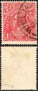 Australia 1924-5 SG 77d 1 1/2d scarlet Curved 1 and thin fraction flaw VFU