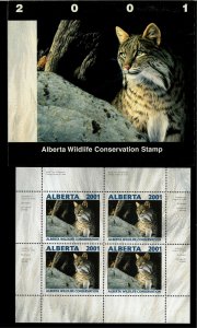 ALBERTA  #6 2001 BOBCAT CONSERVATION STAMP MINI SHEET OF  4 IN FOLDER NH