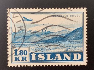 Iceland 1952 1.80kr Airplane by mounatin, used. C27, CV $15.00