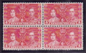 Newfoundland-Sc#231-used block 4c carmine rose KGVI Coronation-1937-light cancel