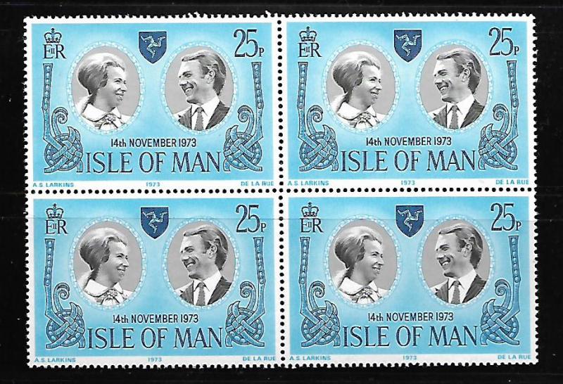 GB, ISLE OF MAN 35 PRINCESS ANNE AND MARK PHILLIPS BLOCK OF 4