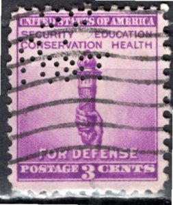 USA; 1940: Sc. # 901:  Used Single Stamp W/Perfins