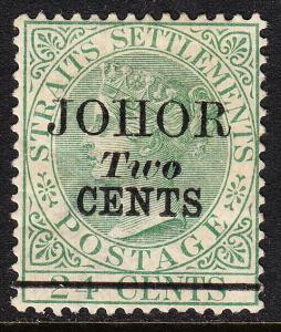 MALAYA (JOHORE) — SCOTT 15 (SG 18) — JOHOR OVERPRINT — MH — THIN — SCV $160.00