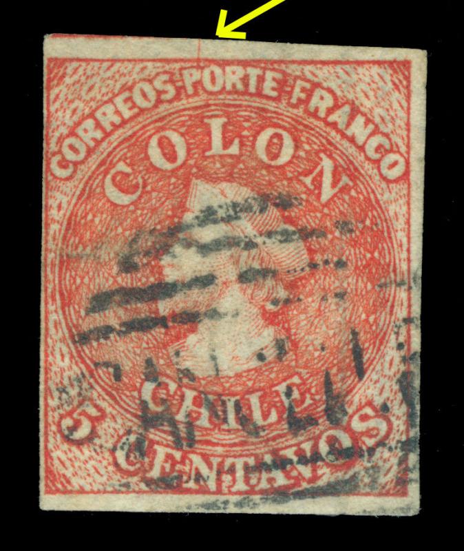 CHILE 1865 COLUMBUS  5c carmine red Scott# 14a used  F-XF variety  line over P
