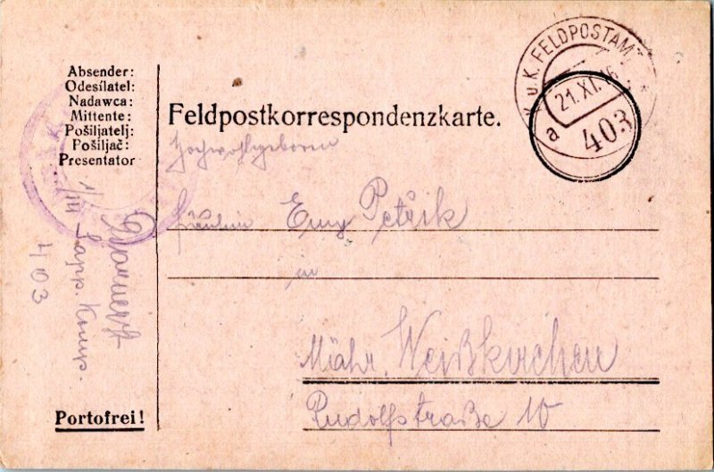 Austria Soldier's Free Mail 1916 K.u.k. Feldpostamt 403 Feldpostcard to Mahr....