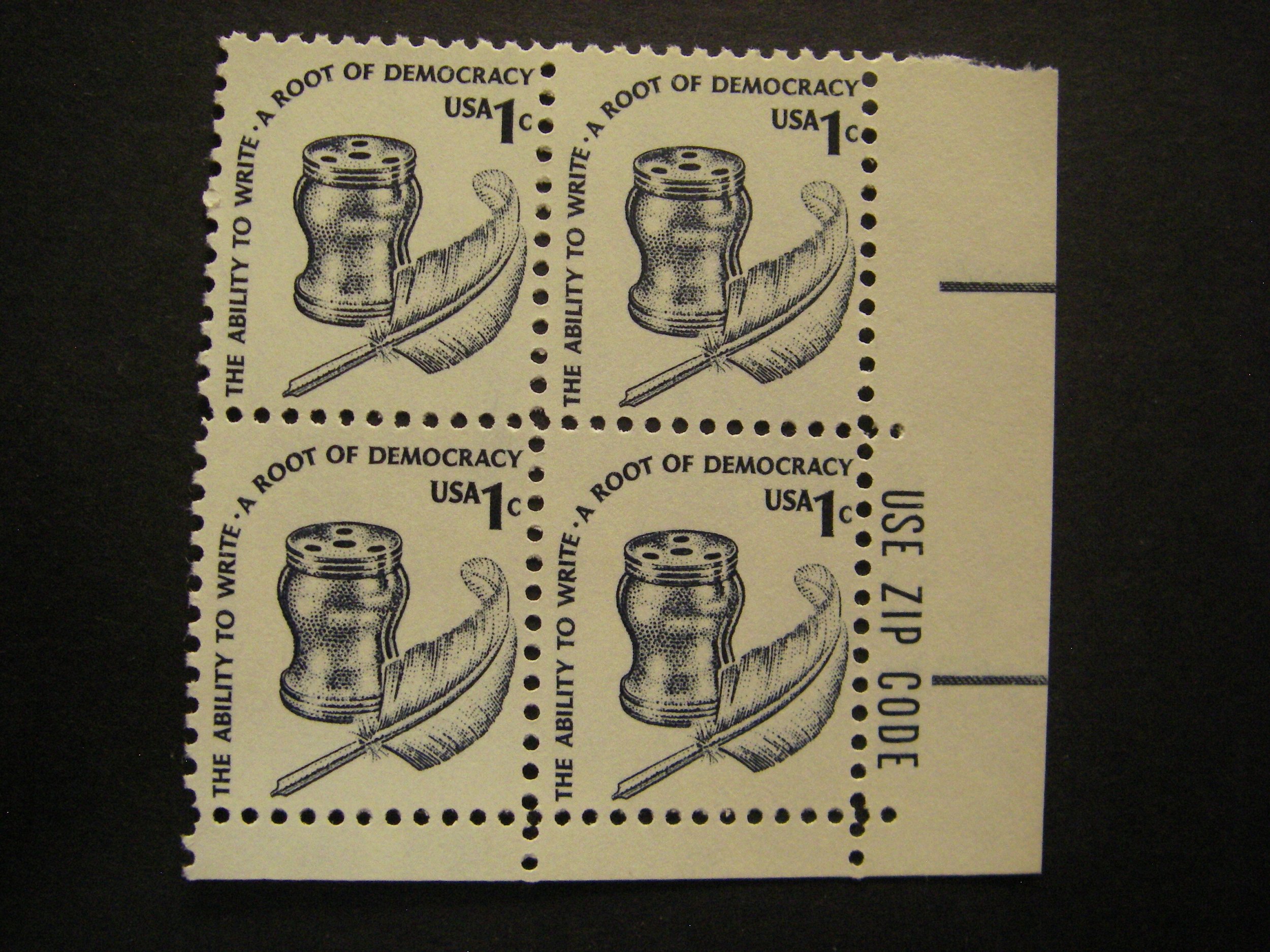 Scott 1581, 1c Inkwell & Quill, Zip block of 4 LR MNH Americana Beauty