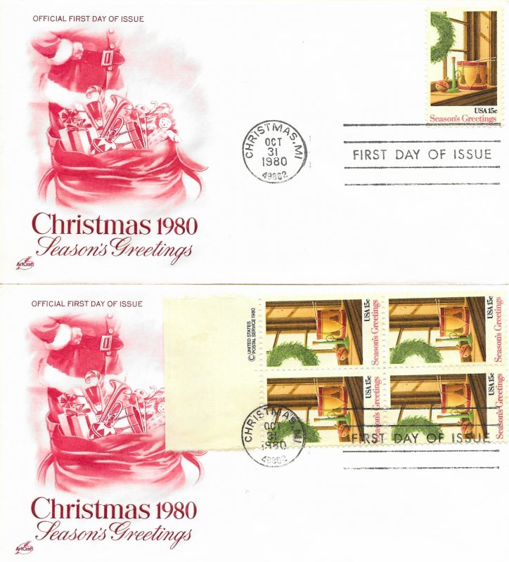 1980 FDC, #1843, 15c Christmas, Art Craft - single/block of 4