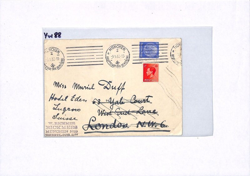 GB KEVIII GERMANY MIXED FRANKING Munich 1937 Cover London Forwarded Lugano YW88