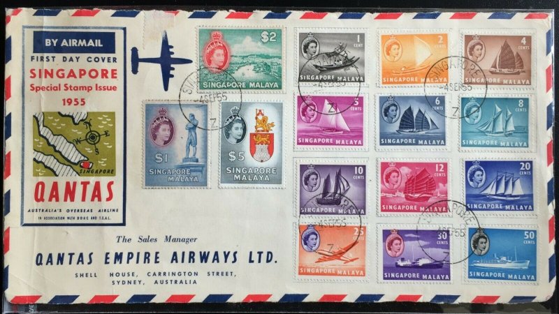 Malaya Singapore 1955 QEII Def Complete Set on QANTAS FDC SG#38-52 front only