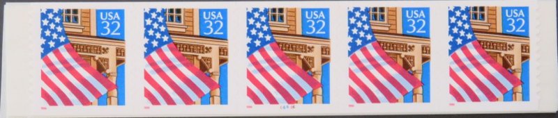 2915C 32c Flag/Porch, SA, Red 96 (10.9), PNC Strip of 5