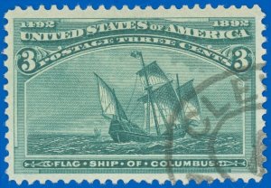 US Scott #232 3¢ COLUMBIAN, Used-VF/XF w/ Cleveland Registry Cancel, Small Thin