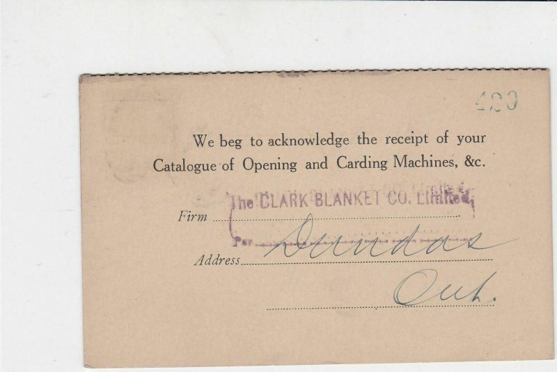 canada 1926 opening and carding machines receipt stamps card ref 20359