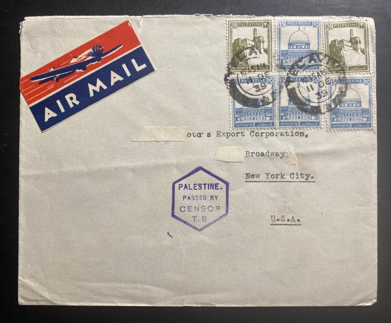 1939 Tel Aviv Palestine Airmail Censored Cover To Export Corp New York USA