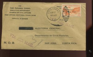 Canal Zone CO2 Airpost Official Used on OB Penalty Cover to Costa Rica CZ MOB15