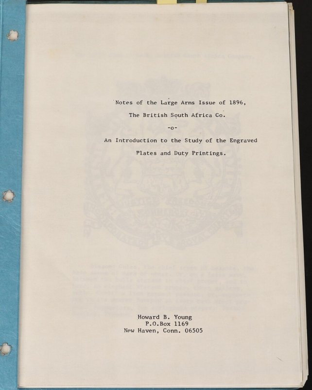 LITERATURE Rhodesia Notes on the Large Arms & the British South African Co 1896. 