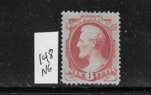 US #148 1870-71 LINCOLN 6C (CARMINE) - MINT NO GUM LIGHT HINGED