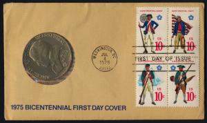 USA 1568a + Medal on FDC - Military Uniforms, US Bicentennial, Flags, Ship