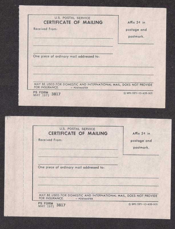 1971 Form 3817 Certificate of Mailing x2 Unusual Five Cents imprint