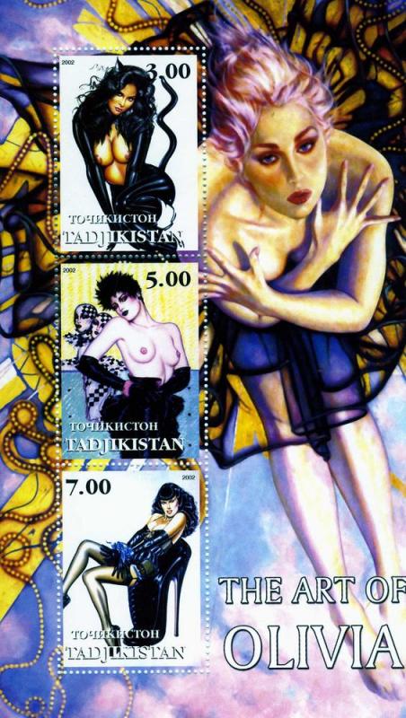 Tajikistan 2002 THE ART OF OLIVIA  fantasy Art Souvenir Sheet of 3 stamps MNH