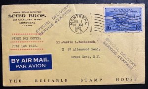 1942 Montreal Canada Special Express First Day Cover To Great Neck NY USA