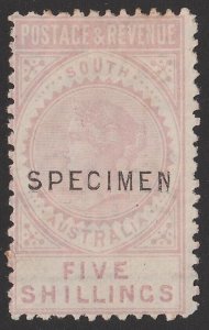 SOUTH AUSTRALIA 1886 QV Postage & Revenue 5/- SPECIMEN, perf 10.