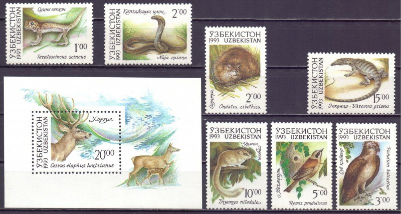 Uzbekistan. 1993. 7-13, bl1. Fauna of Uzbekistan. MNH.